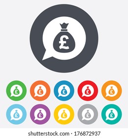 Money bag sign icon. Pound GBP currency speech bubble symbol. Round colourful 11 buttons. Vector
