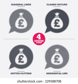 Money bag sign icon. Pound GBP currency speech bubble symbol. Diagonal and horizontal lines, classic outline, dotted texture. Pattern design icons.  Vector