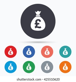 Money bag sign icon. Pound GBP currency. Flat cash icon. Simple design cash symbol. Cash graphic element. Circle buttons with cash icon. Vector