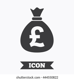 Money bag sign icon. Pound GBP currency symbol. Graphic design element. Flat cash symbol on white background. Vector