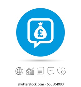 Money bag sign icon. Pound GBP currency speech bubble symbol. Copy files, chat speech bubble and chart web icons. Vector