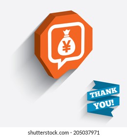 Money bag sign icon. Yen JPY currency speech bubble symbol. White icon on orange 3D piece of wall. Carved in stone with long flat shadow. Vector