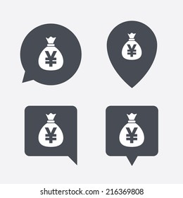 Money bag sign icon. Yen JPY currency symbol. Map pointers information buttons. Speech bubbles with icons. Vector