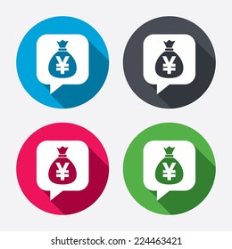 Money bag sign icon. Yen JPY currency speech bubble symbol. Circle buttons with long shadow. 4 icons set. Vector