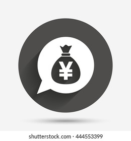 Money bag sign icon. Yen JPY currency speech bubble symbol. Circle flat button with shadow. Vector