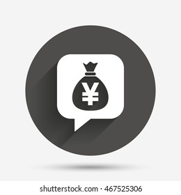 Money bag sign icon. Yen JPY currency speech bubble symbol. Circle flat button with shadow. Vector