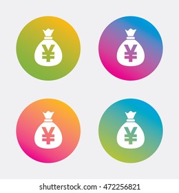 Money bag sign icon. Yen JPY currency symbol. Gradient flat buttons with icon. Modern design. Vector