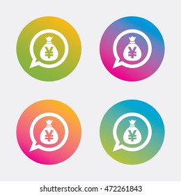 Money bag sign icon. Yen JPY currency speech bubble symbol. Gradient flat buttons with icon. Modern design. Vector