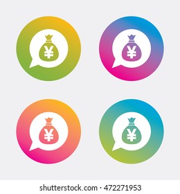 Money bag sign icon. Yen JPY currency speech bubble symbol. Gradient flat buttons with icon. Modern design. Vector