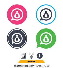 Money bag sign icon. Yen JPY currency speech bubble symbol. Report document, information sign and light bulb icons. Vector