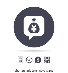 Money bag sign icon. Yen JPY currency speech bubble symbol. Report document, information and check tick icons. Currency exchange. Vector