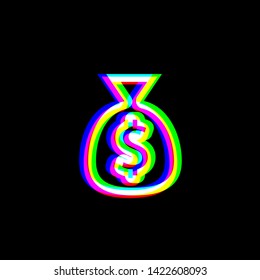Money bag sign illustration. Red, green and blue unfocused contour icon at black background. Illustration.