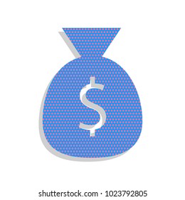 Money bag sign illustration. Vector. Neon blue icon with cyclamen polka dots pattern with light gray shadow on white background. Isolated.