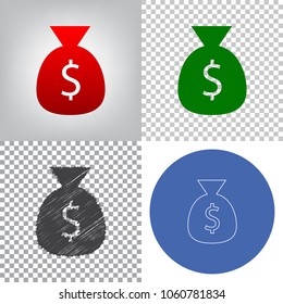 Money bag sign illustration. Vector. 4 styles. Red gradient in radial lighted background, green flat and gray scribble icons on transparent and linear one in blue circle.