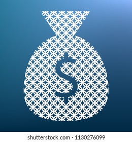 Money bag sign illustration. Vector. White textured icon at lapis lazuli gradient background.