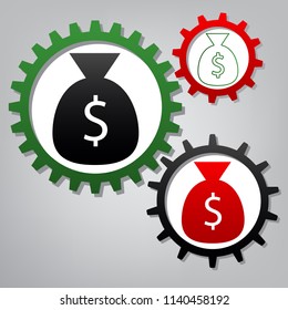 Money bag sign illustration. Vector. Three connected gears with icons at grayish background.