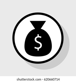 Money bag sign illustration. Vector. Flat black icon in white circle with shadow at gray background.