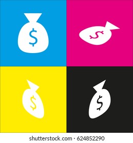 Money bag sign illustration. Vector. White icon with isometric projections on cyan, magenta, yellow and black backgrounds.