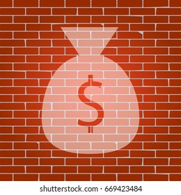 Money bag sign illustration. Vector. Whitish icon on brick wall as background.