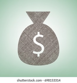 Money bag sign illustration. Vector. Brown flax icon on green background with light spot at the center.