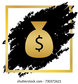 Money bag sign illustration. Vector. Golden icon at black spot inside golden frame on white background.