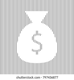 Money bag sign illustration. Vector. White icon on grayish striped background. Optical illusion.
