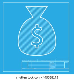 Money bag sign illustration. White section of icon on blueprint template.