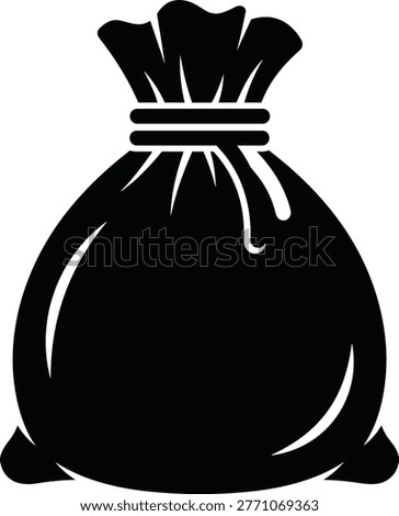 Money bag silhouette, burlap sack icon, currency storage symbol, wealth and finance sign, tied pouch for treasure coins, profit.