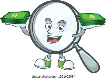 With money bag silver magnifying glass for research tool.