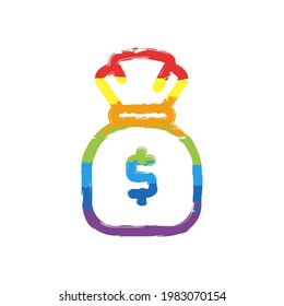 Money bag, simple icon. Drawing sign with LGBT style, seven colors of rainbow (red, orange, yellow, green, blue, indigo, violet