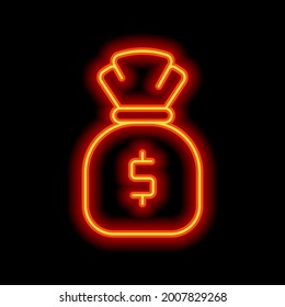 Money bag, simple icon. Orange neon style on black background. Light linear icon with editable stroke