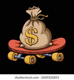 money bag skateboard in cartoon illustration style
