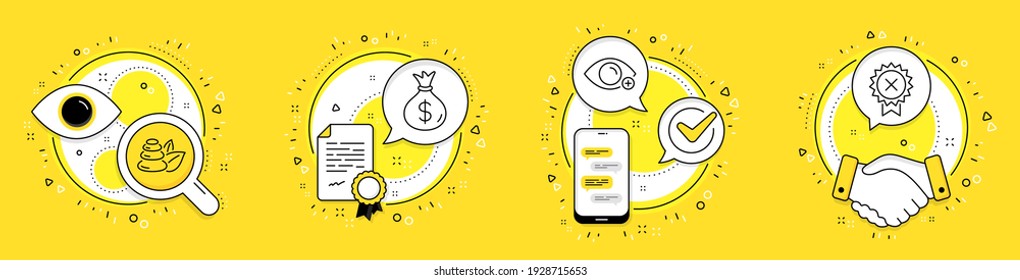 Money bag, Spa stones and Farsightedness line icons set. Licence, cell phone and deal vector icons. Reject medal sign. Usd currency, Bath, Eye vision. Award rejection. Business set. Vector