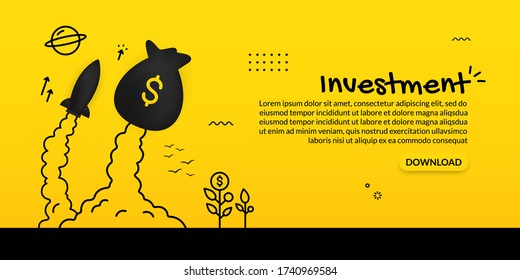 Money bag and spaceship launching on yellow background, investment concept