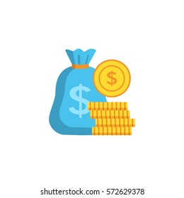 Money bag and a stack of coins in a flat style. Bank concept isolated on white background. Vector illustration. 