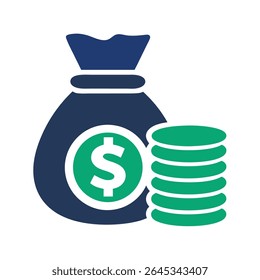 Money Bag and Stack of Coins Icon Dark Blue and Green Color Scheme Isolated on White Background