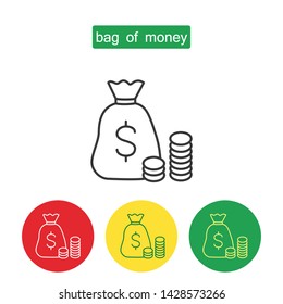 Money bag and a stack of coins in a line style. Bank concept isolated on white background. Vector illustration.