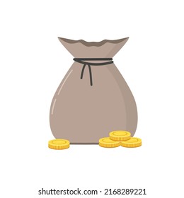 Money bag, stack of coins on white background. Budget, fund, investment profit, income or value assets concept vector illustration.