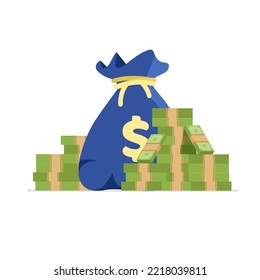Money bag with stack of dollar banknotes. Business concept. Icon for web and apps. Vector illustration isolated on white background.