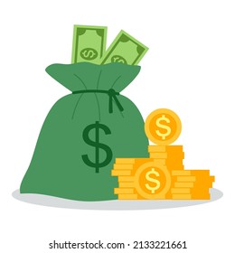 Money bag, stack of dollar coins and banknotes in flat design on white background. Budget, fund, investment profit, income or value assets concept vector illustration.
