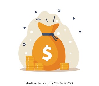 Dinero. Bolsa de dinero, pila de monedas de dólar en diseño plano aislado sobre fondo blanco. Presupuesto, fondo, beneficio de inversión, ingresos o activos, ilustración vectorial eps 10