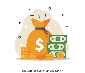 Money. Money bag, stack of dollar coins and banknotes in flat design isolated on white background. Budget, fund, investment profit, income or asset, eps 10 vector illustration
