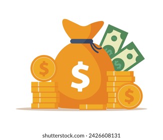 Money. Money bag, stack of dollar coins and banknotes in flat design isolated on white background. Budget, fund, investment profit, income or asset, eps 10 vector illustration