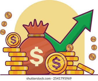 Bolsa de dinero, pila de monedas de dólar y billetes en diseño plano sobre fondo blanco. Presupuesto, fondo, beneficio de inversión, ingresos o valor concepto de activos, Representando la riqueza y el éxito financiero