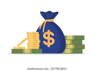 Money. Money bag, stack of dollar coins and banknotes in flat design isolated on white background. Budget, fund, investment profit, income or asset, vector illustration.