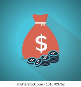 Money bag with stack of money dollars coins. Blue Theme Concept.