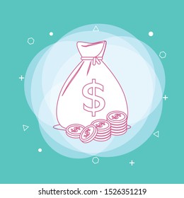 Money bag with stack of money dollars coins. Concept of line icon