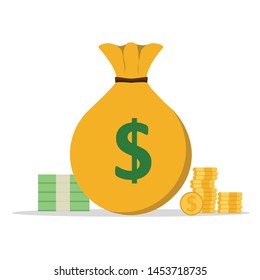 money bag with stack of money dollars and gold coin , flat vector illustration.