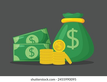 Money bag and stack of gold coins vector illustration