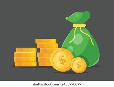 Money bag and stack of gold coins vector illustration
